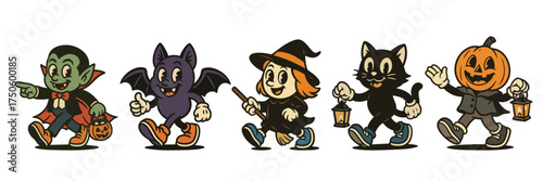 Cute retro Halloween cartoon characters walking together, vintage mascot illustration with vampire, bat, witch, cat and pumpkin