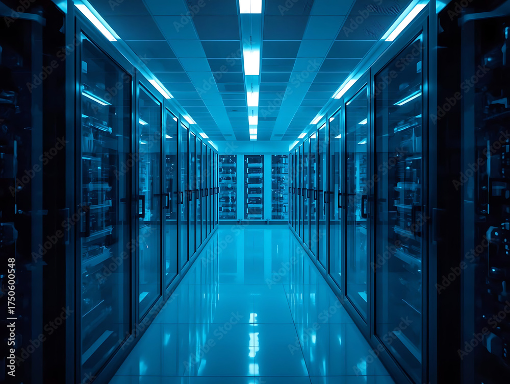 Fototapeta premium Blue server corridor, data center hallway, glass racks, neon lights create futuristic calm