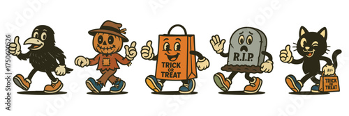 Cute retro Halloween cartoon characters walking together, vintage mascot illustration with crow, scarecrow, grave, cat