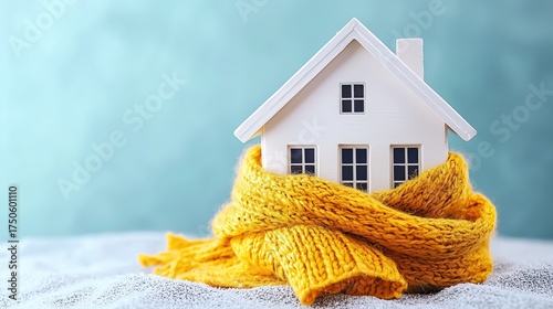 Miniature house wrapped in a warm yellow scarf on a blue background, symbolizing rising electricity prices, higher heating bills, and growing household energy costs.