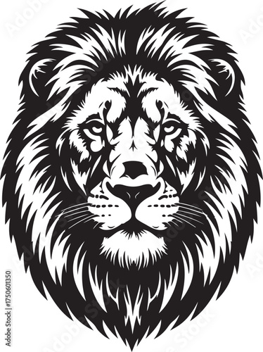 Intense black and white illustration of a majestic lion s fierce face with a full mane, Generative Ai
