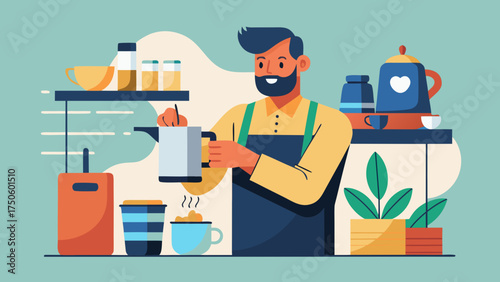 Man pouring hot beverage in coffee shop illustration