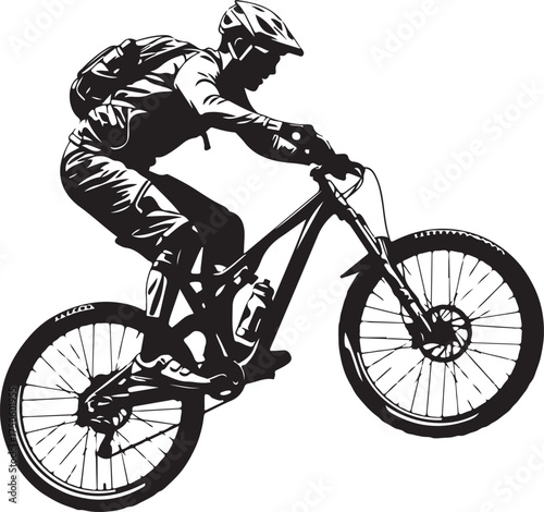 Dynamic silhouette of a mountain biker performing a jump on a trail, Generative Ai
