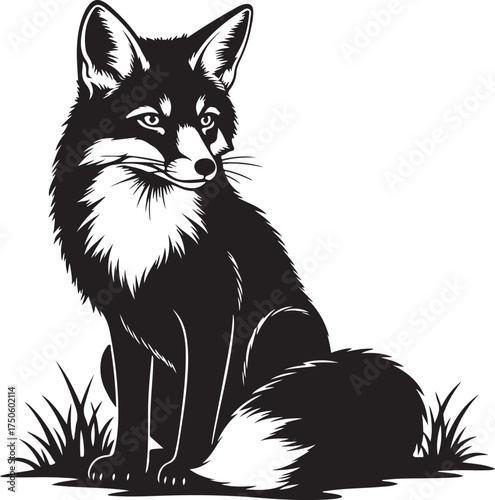 Elegant black and white illustration of a sitting fox with bushy tail and alert ears, Generative Ai
