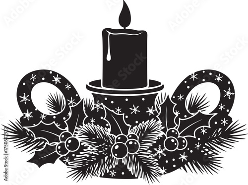Elegant silhouette of a burning candle in a festive christmas candle holder surrounded by holly and pine, Generative Ai
