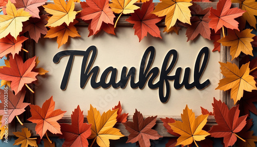 Blessed thankful sign in a frame of autumn leaves for Thanksgiving cards, website banners, family celebration concepts