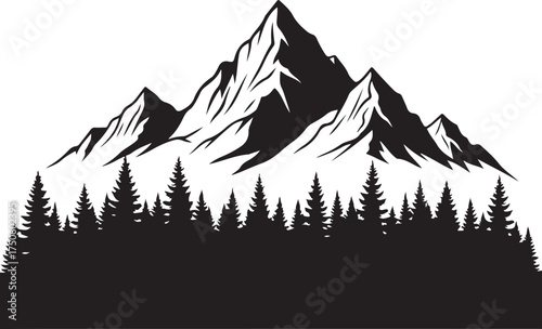 Majestic mountain range silhouette over a dense forest of pine trees, Generative Ai
