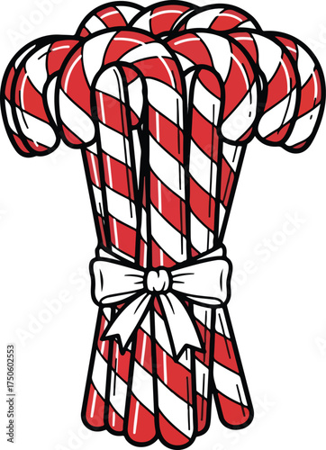 A festive bouquet of red and white striped candy canes tied together with a white ribbon, Generative Ai
