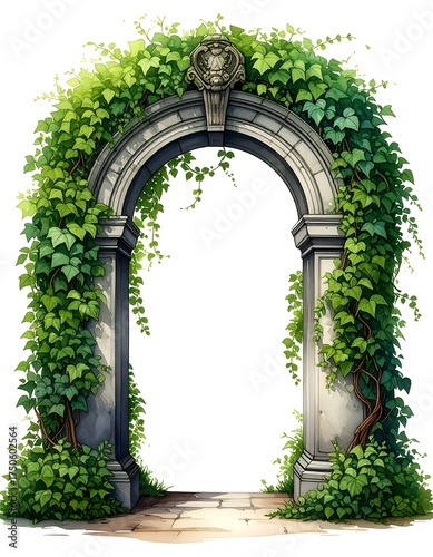 Elegant stone archway draped in lush, green ivy
