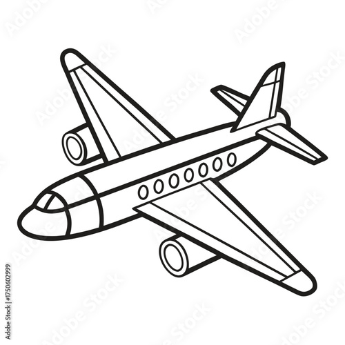Simple black and white line drawing of a passenger airplane in flight