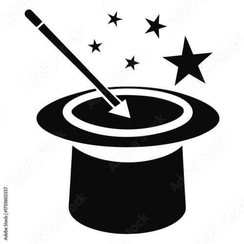 A simple black and white illustration of a magic hat and wand
