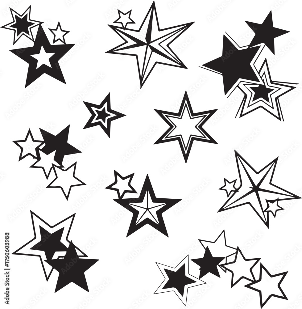 Fototapeta premium Collection of hand drawn star illustrations with varying fill styles and outlines, Generative Ai 
