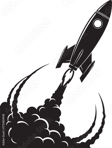 Retro styled black silhouette rocket blasting off into the sky with dramatic smoke trails, Generative Ai
