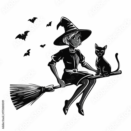 Witch and Cat on Broom Halloween Clipart