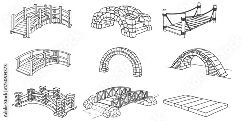 CAD Drawings. Set of decorative garden bridge assets in HD thick bold outline. Includes wooden arch bridge, stone bridge, rope crossing, flat plank bridge, etc. Vector illustration.