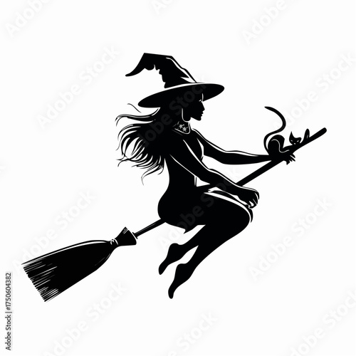 Flying Witch with Cat Silhouette Clipart
