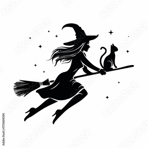 Flying Witch with Cat Silhouette Clipart