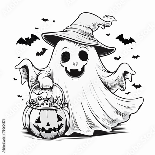 Halloween Ghost with Pumpkin Bucket Coloring Page