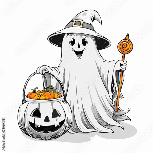 Halloween Ghost with Pumpkin Bucket Coloring Page