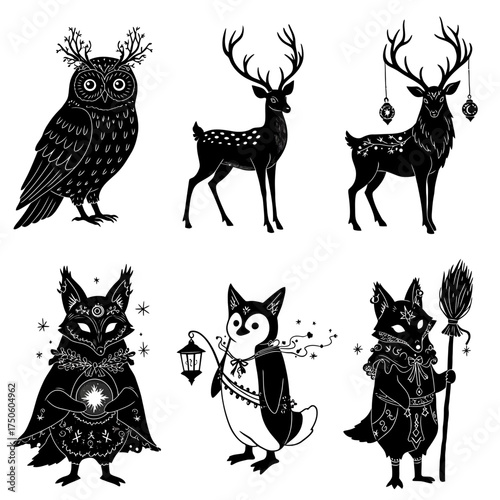 Magical Winter Animals with Wands – Enchanted Forest Creatures in Spellbinding Christmas Illustration Set

