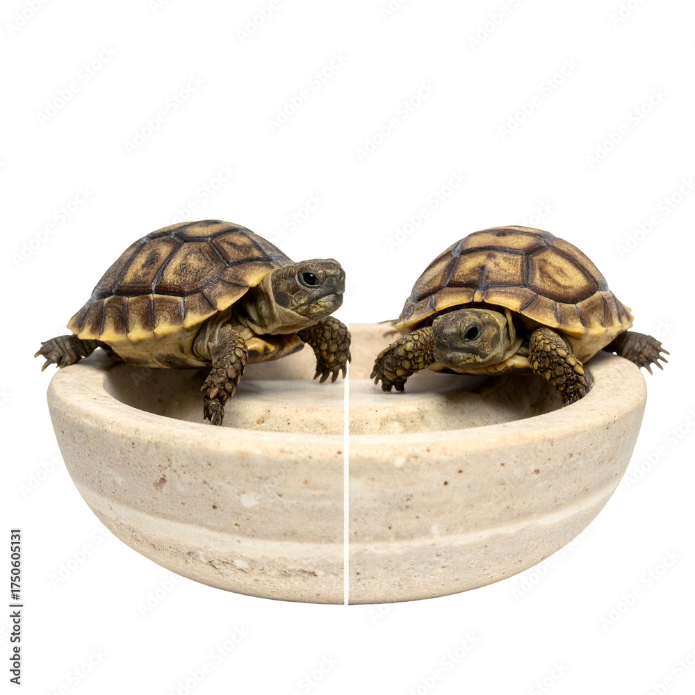 Obraz premium Two small tortoises sit in a shallow bowl, looking directly at the viewer
