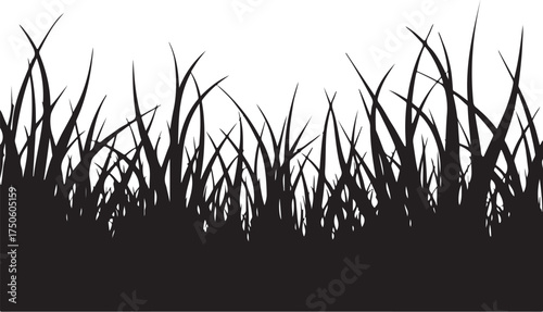 Black silhouette of tall grass blades on white background