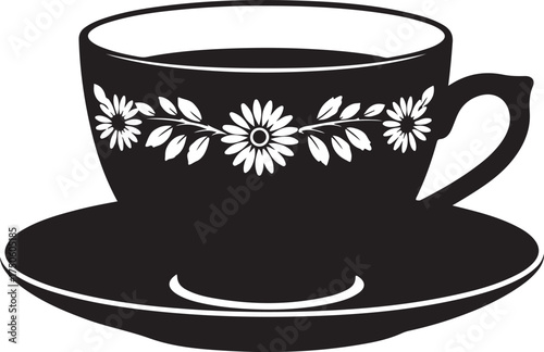 Elegant black teacup and saucer adorned with delicate white floral embellishments, Generative Ai
