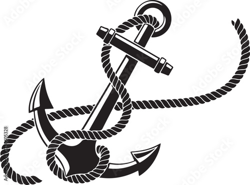 Classic nautical anchor with thick rope wrapped around it on a white background, Generative Ai
