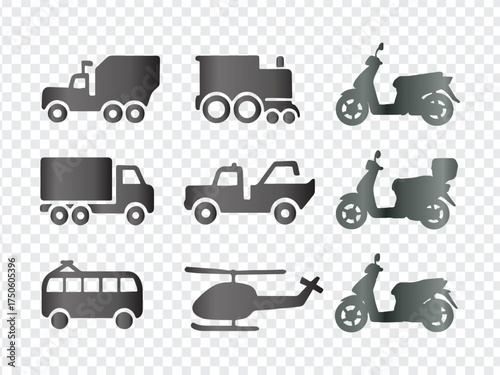 A Set of Nine Diverse Transport Vehicle Silhouettes Icons.