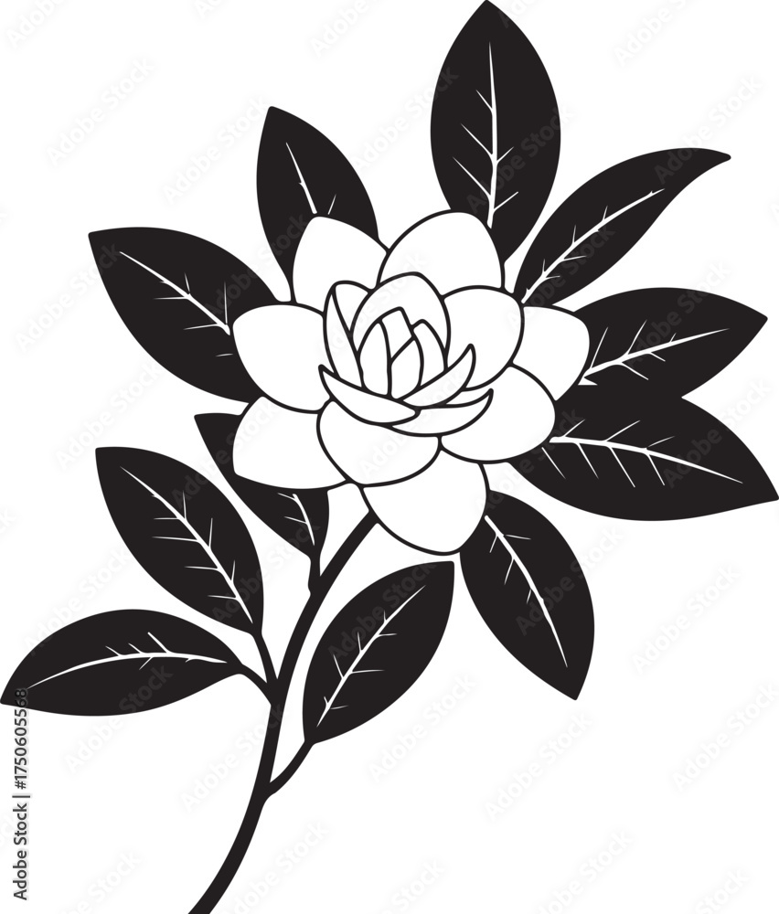 Fototapeta premium Elegant Outline Flower with Leaf Silhouettes - Botanical Vector