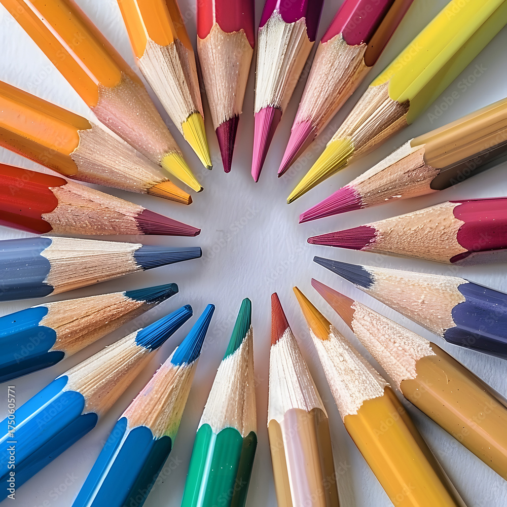 Naklejka premium Colorful Pencils Arranged in a Circle on White Background