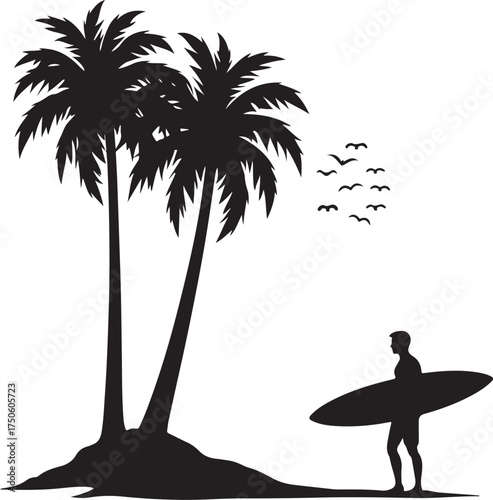 Black silhouette of two palm trees and a surfer with surfboard