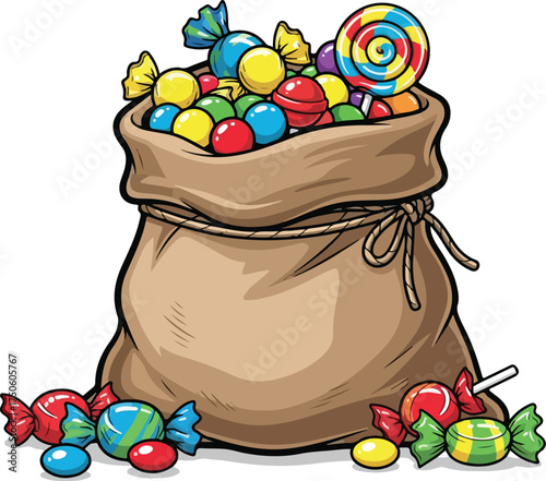 A full burlap sack overflowing with colorful wrapped candies and a lollipop on top, Generative Ai
