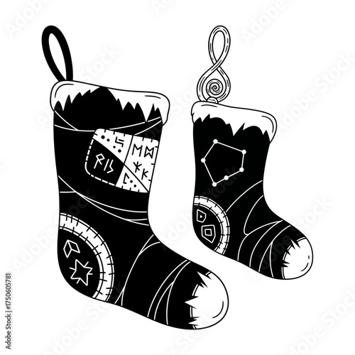 Mystical Christmas Stockings Illustration – Hand-Drawn Right and Left Socks Decorated with Patch Symbols, Runes, Moons, and Musical Elements in Stylized Winter Theme

