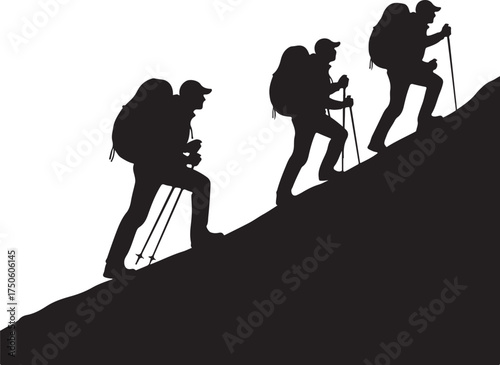 Silhouetted hikers with backpacks and trekking poles ascend a steep sunlit mountain slope together, Generative Ai
