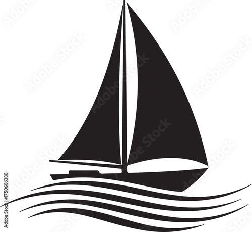 Elegant silhouette of a black sailboat gliding gracefully across wavy blue waters, Generative Ai

