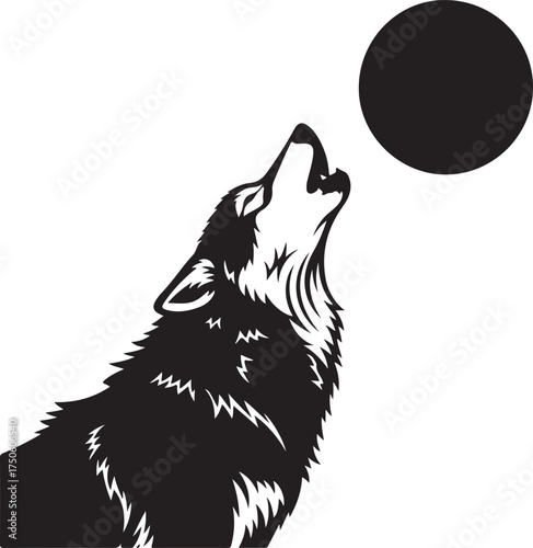 Silhouette of a black wolf howling at a large dark full moon against a white background, Generative Ai
