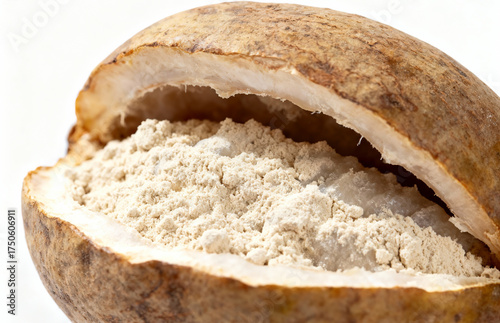 Close-up View of a Baobab Fruit Showing the Powdered Pulp Inside a Cut-Open Shell