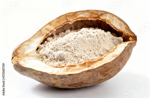 Close-up of a naturally cracked baobab fruit pod revealing its nutrient-dense, white powdery pulp, widely recognized as a versatile and healthy superfood ingredient for various dietary needs