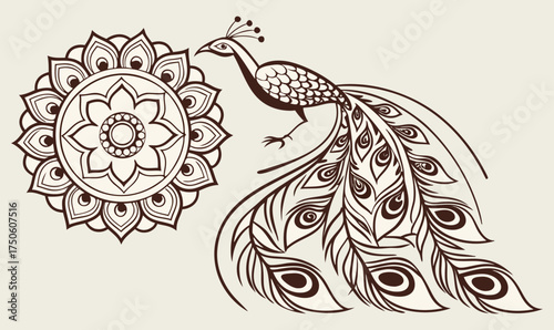 Rajasthani Inspired Mehndi Design – Peacock Motifs and Decorative Mandala Shapes Hand Illustration SVG