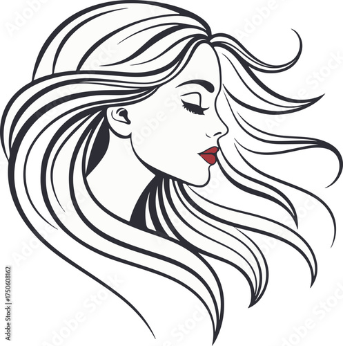 Elegant Woman Face with Flowing Hair – Beauty and Fashion Vector Illustration