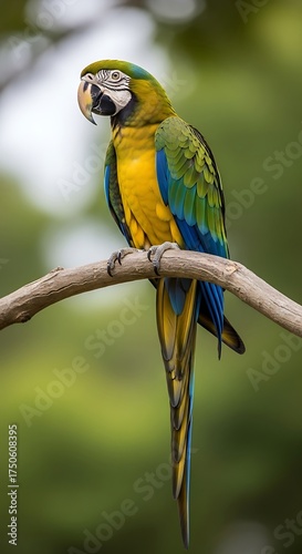 Vibrant Macaw Perched on Branch in Lush Greenery.