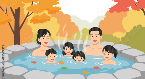 A happy family enjoys a relaxing soak in an outdoor hot spring surrounded by autumn foliage.