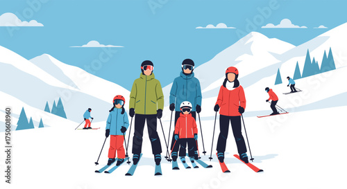 A family of skiers enjoying a beautiful winter day on the slopes.