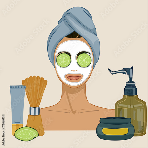 A woman with a face mask, cucumber slices on her eyes, and beauty products.