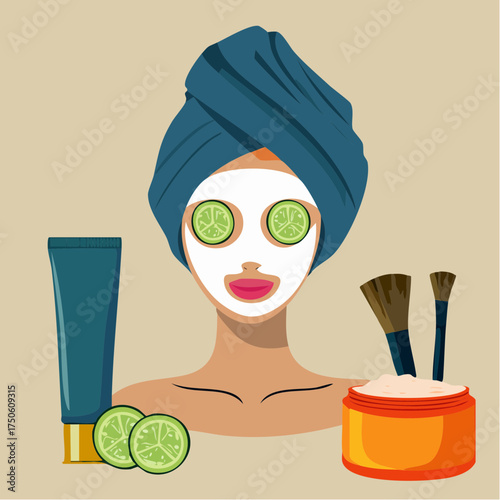 Woman with facial mask and cucumber slices, beauty and skincare concept.