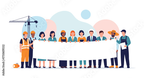 A diverse group of construction workers and professionals holding a large blank banner together.