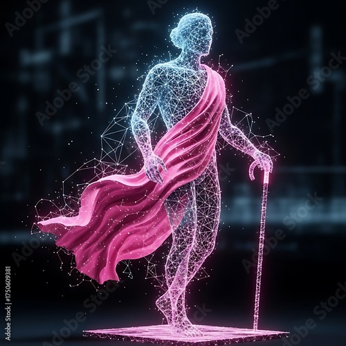 Digital Sculpture - Ancient Figure with Modern Tech Overlay.