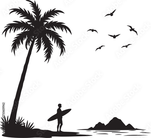 Silhouette of surfer with surfboard under palm tree by ocean