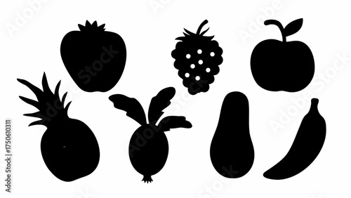 Healthy fruit silhouettes for vibrant designs: strawberry, blackberry, apple, pineapple, beet, avocado, banana